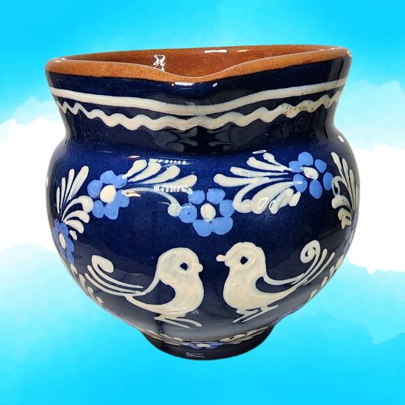 Artist Signed Vintage Blue Art Pottery Pitcher Floral Love Birds Boho Folk Art - Picture 9 of 9